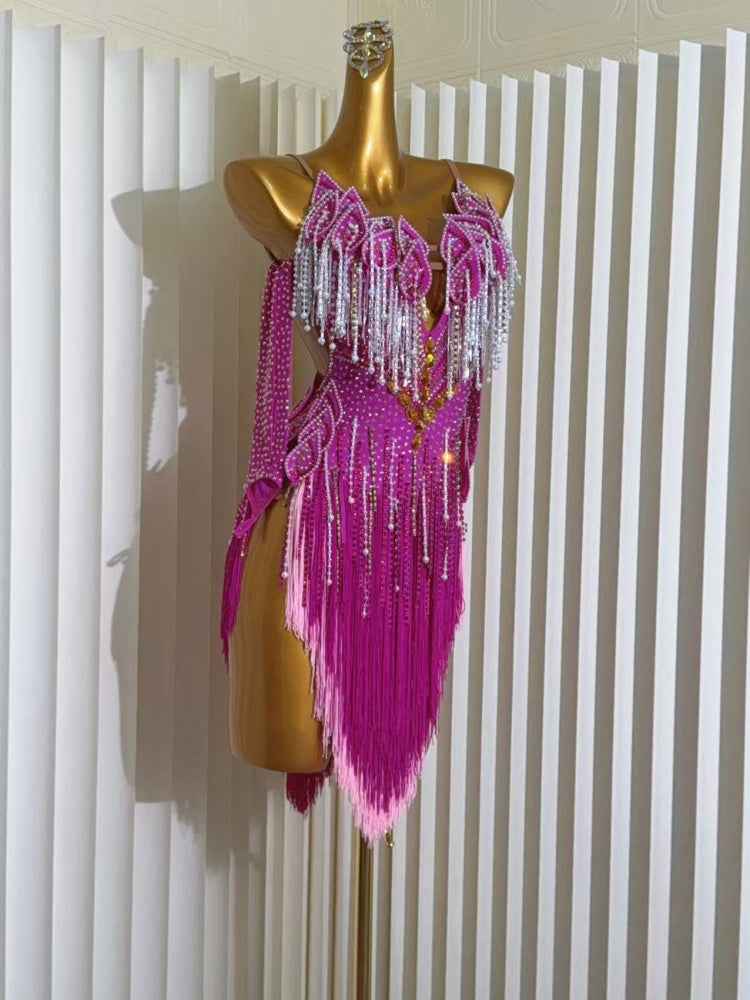 Customized Size Fuchsia Latin Dance Dress Salsa Cha Cha Dance Costumes