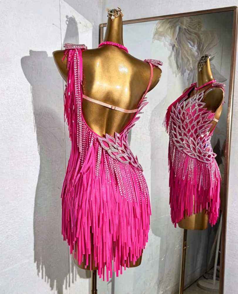 Custom Hot Pink Fringed Petals Latin Dance Dress Salsa Rumba Chacha Competition Performance Clothing