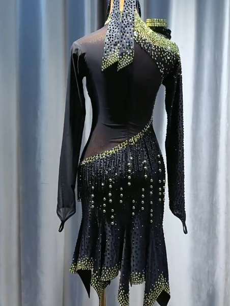 Custom Black & Gold Latin Dance Dress with Pearls Emerald Green Salsa Dance Costume