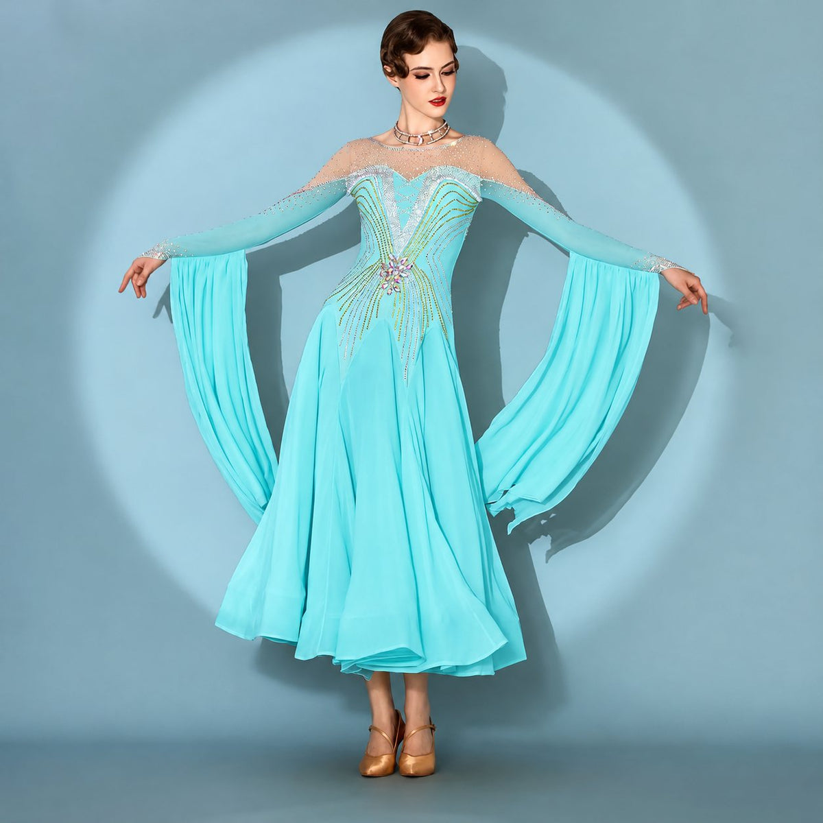 Custom Yellow Ballroom Dance Dress Rhinestone Waltz Foxtrot Smooth Competition Gown