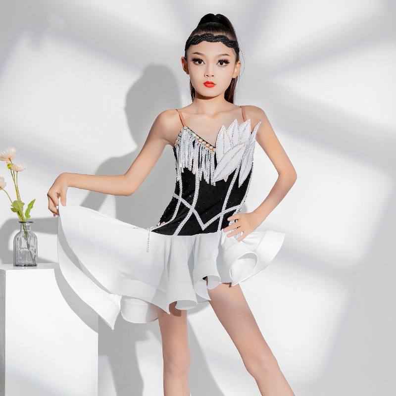 Girls Latin Dance Dresses White Black Petals Latin Salsa Rumba Chacha Performance Clothing for Kids