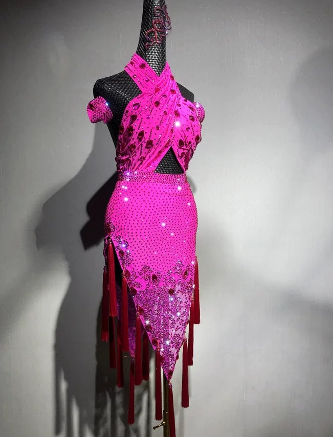 Custom Hot Pink Latin Dance Dress with Rhinestones & Fringe Blue Ballroom Competition Outfit