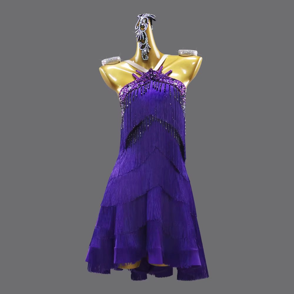 Purple Fringe Competition Latin Dance Dresses for Women Girls Halter Neck Salsa Latin Chacha Dance Costumes