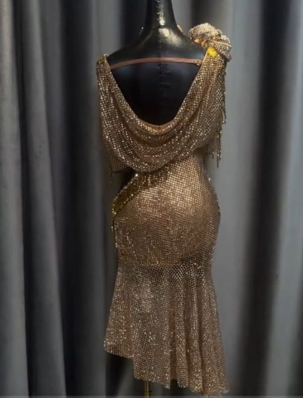 Gold Bling Mesh Latin Dance Dress | Couture Sparkle Blackpool Dance Wear