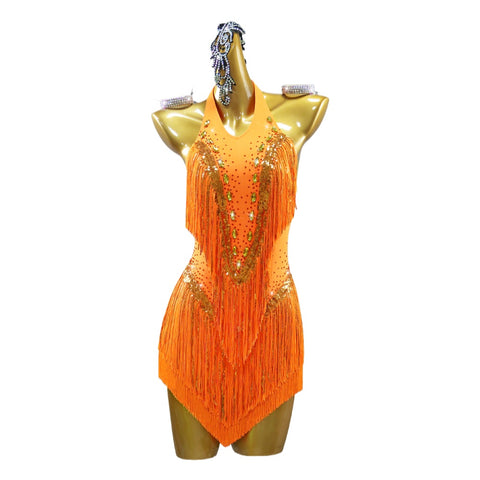 Orange Fringe Stone Latin Dance Dresses for Women Girls Salsa Rumba Chacha Competition Performance Costumes