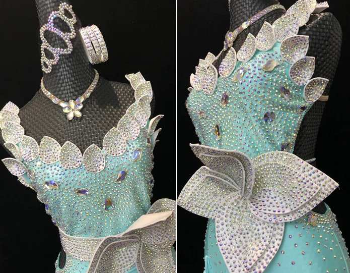 Custom Size Competition Mint Green Latin Dance Dress with Rhinestone Flower and Fringe