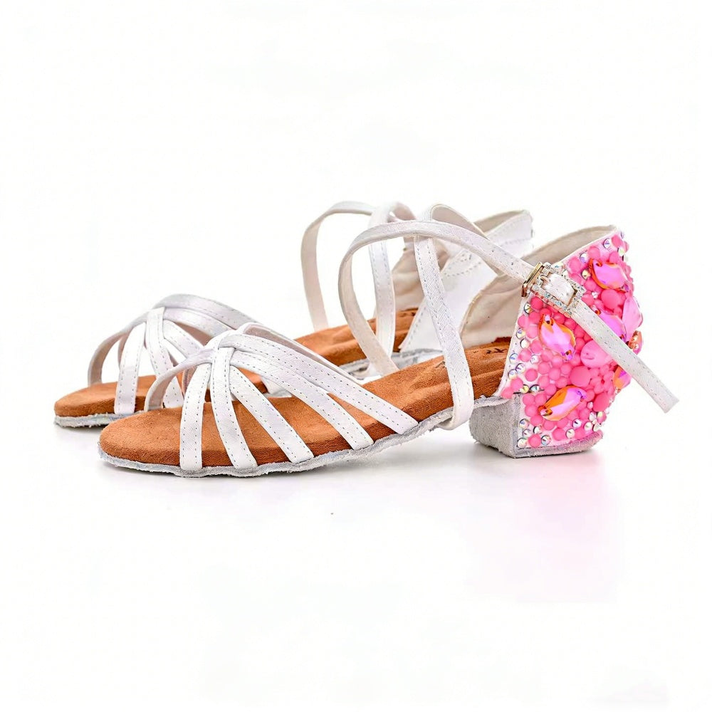Girls Latin Dance Shoes Pink Crystal Flowers Soft Soles Salsa Ballroom Competition Shoes