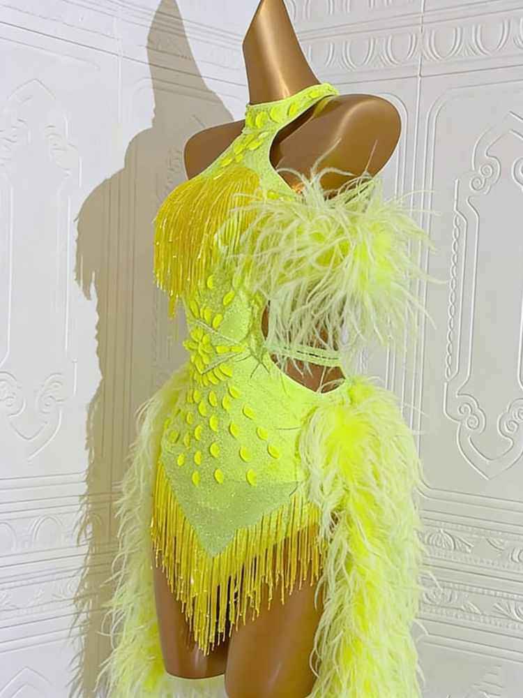 Custom Size Feather Competition Latin Dance Dress Neon Yellow Ballroom  Performance Clothing