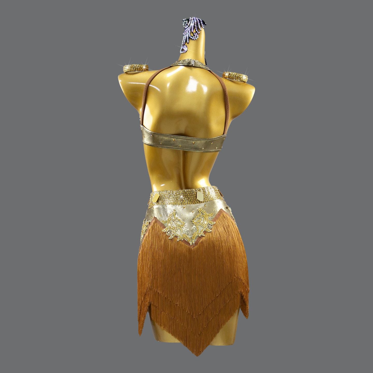 Custom Size Gold Latin Dance Dress Flower Suit Competition Performance Suit Bronzing Tassel