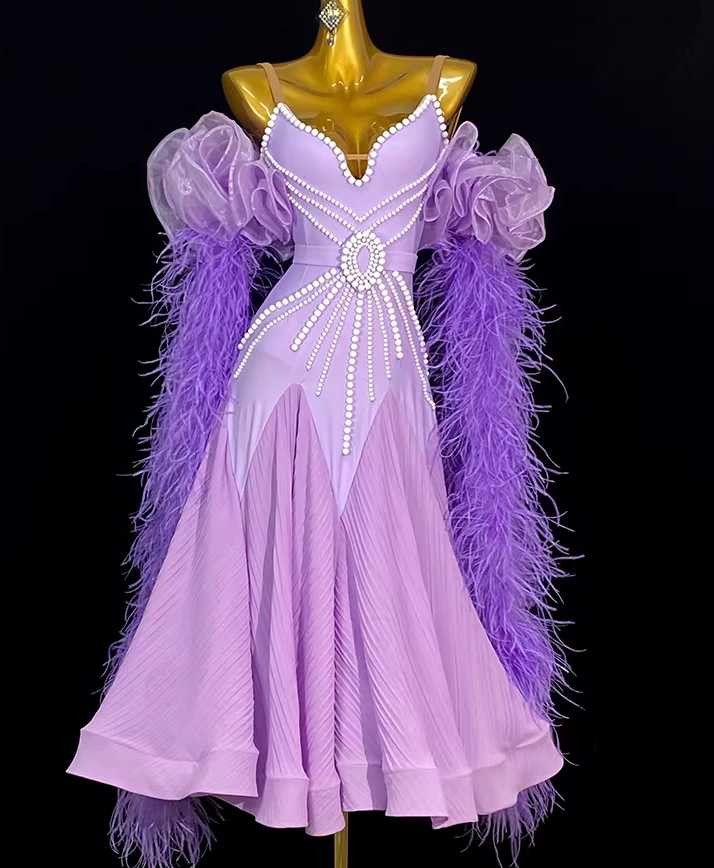 Custom Size Feather Lavender Purple Ballroom Dance Dress for Women Girls