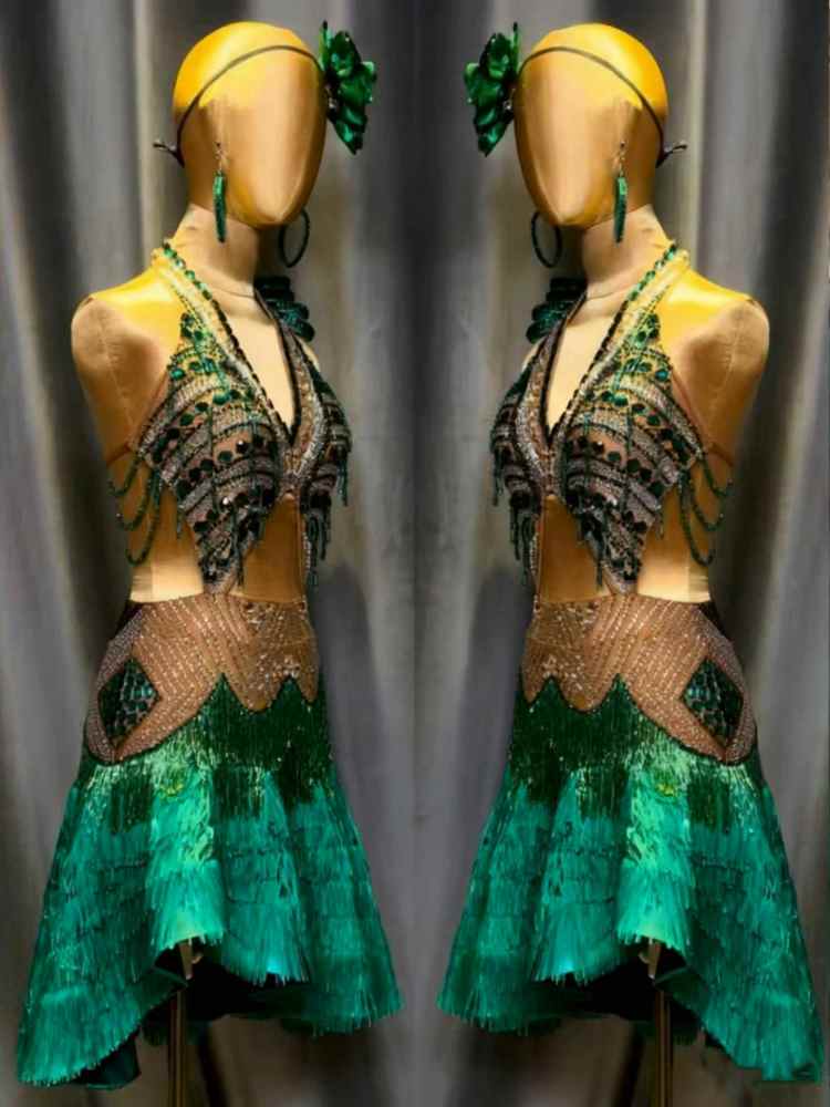 Custom Size Women's Green Latin Dance Dress Competition Bling Fringe Chacha Rumba Clothing