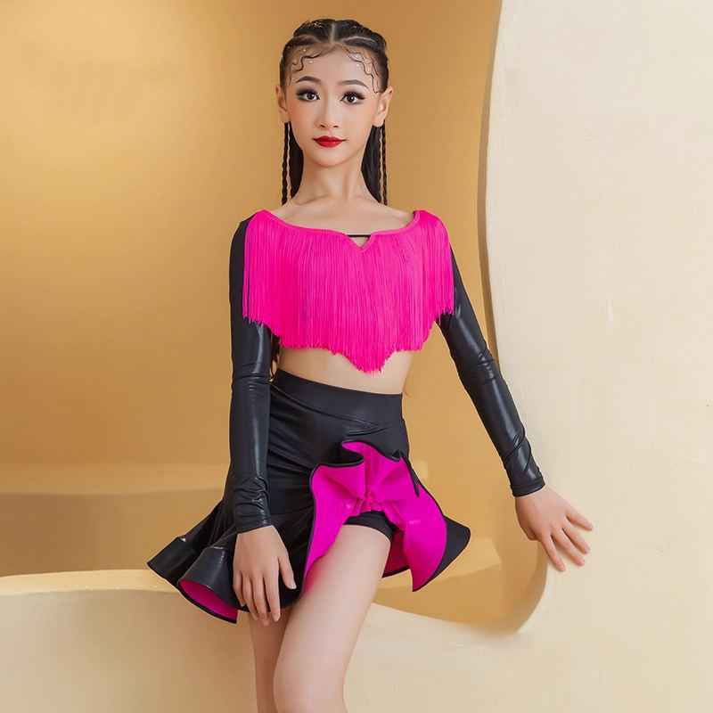 Girls Latin Dance Dresses Pink Fringe Salsa Rumba Chacha Kids Ballroom Dance Costumes Long-sleeved Clothes
