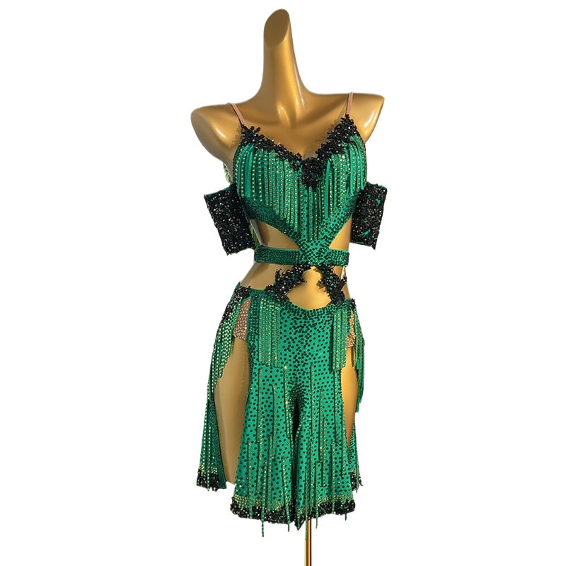 Custom Size Green Fringe Competition Latin Dance Dresses for Women Salsa Rumba Chacha Blackpool Dance Wear - Moderndancedress.com