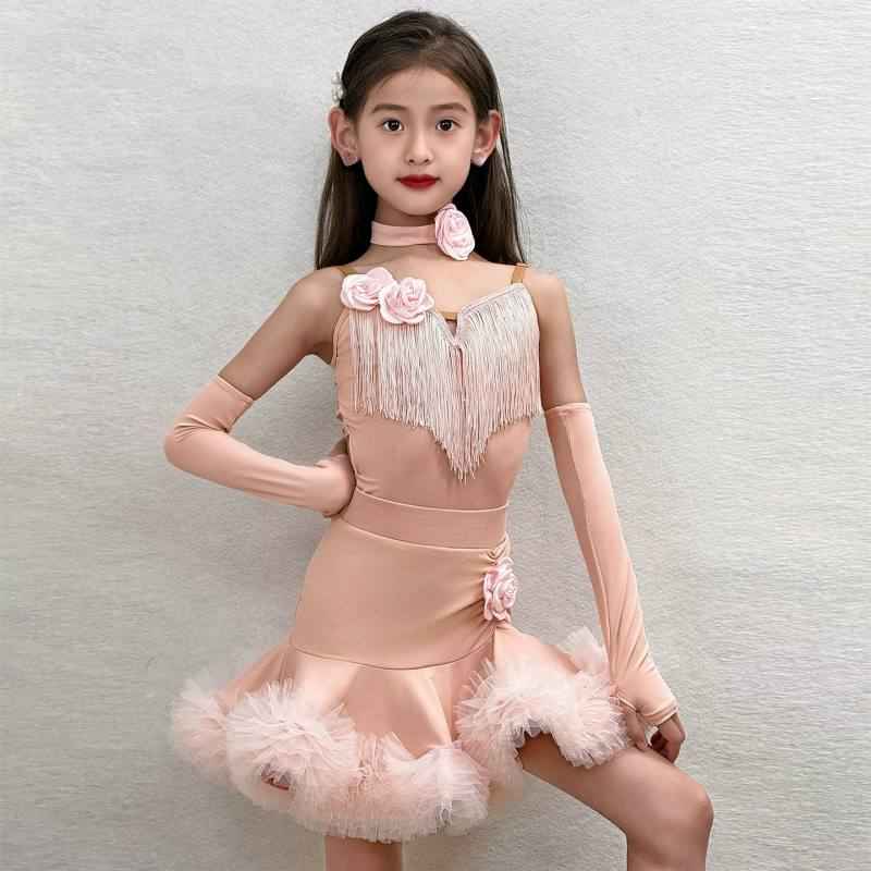 Girls Pink Lavender Latin Dance Dress Fringe 3d Rose Flower Salsa Chacha Dance Costume for Kids
