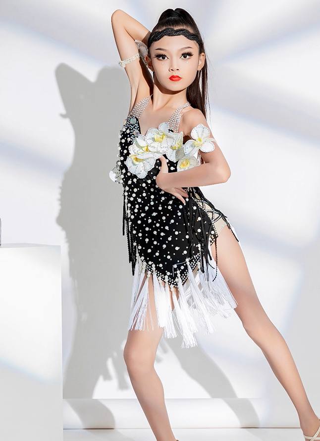 Girls Latin Dance Dress Black White Flowers Pearls Latin Performance Dresses for Kids Salsa Latin Dance Costumes