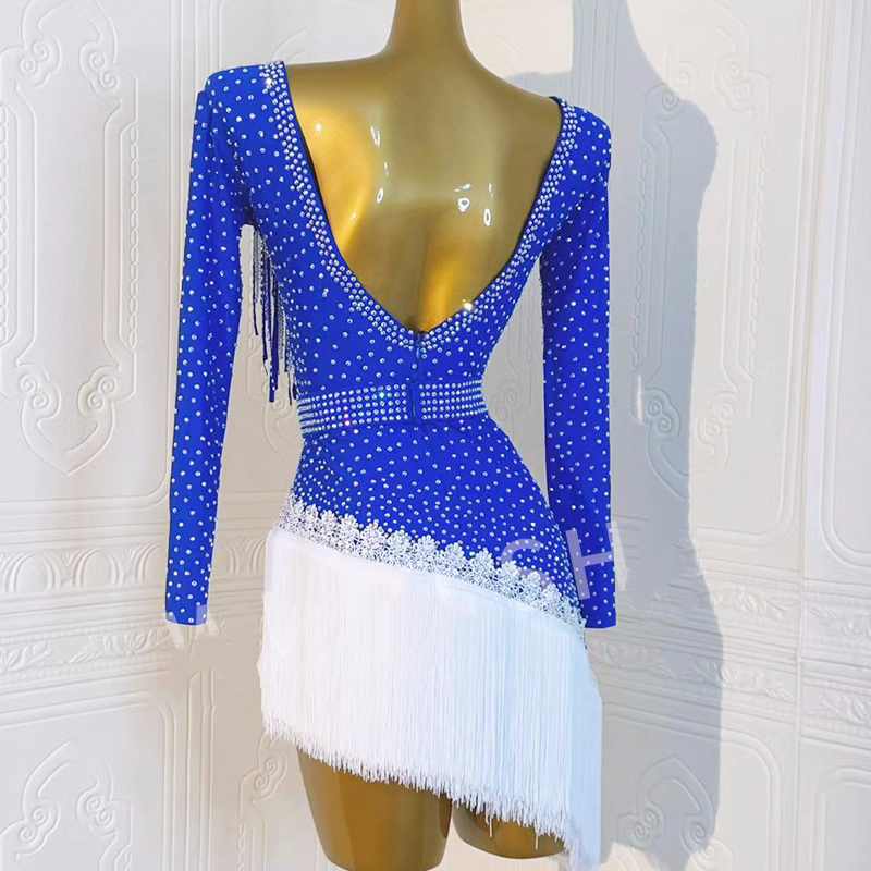 Custom Size Royal Blue Competition Latin Dance Dresses Salsa Rumba Chacha Professional Dance Clothing
