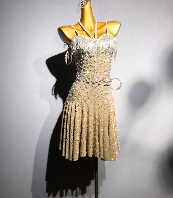 Custom Size Flesh Competition Latin Dance Dresses Blackpool Salsa Latin Competition Dance Dresses for Women