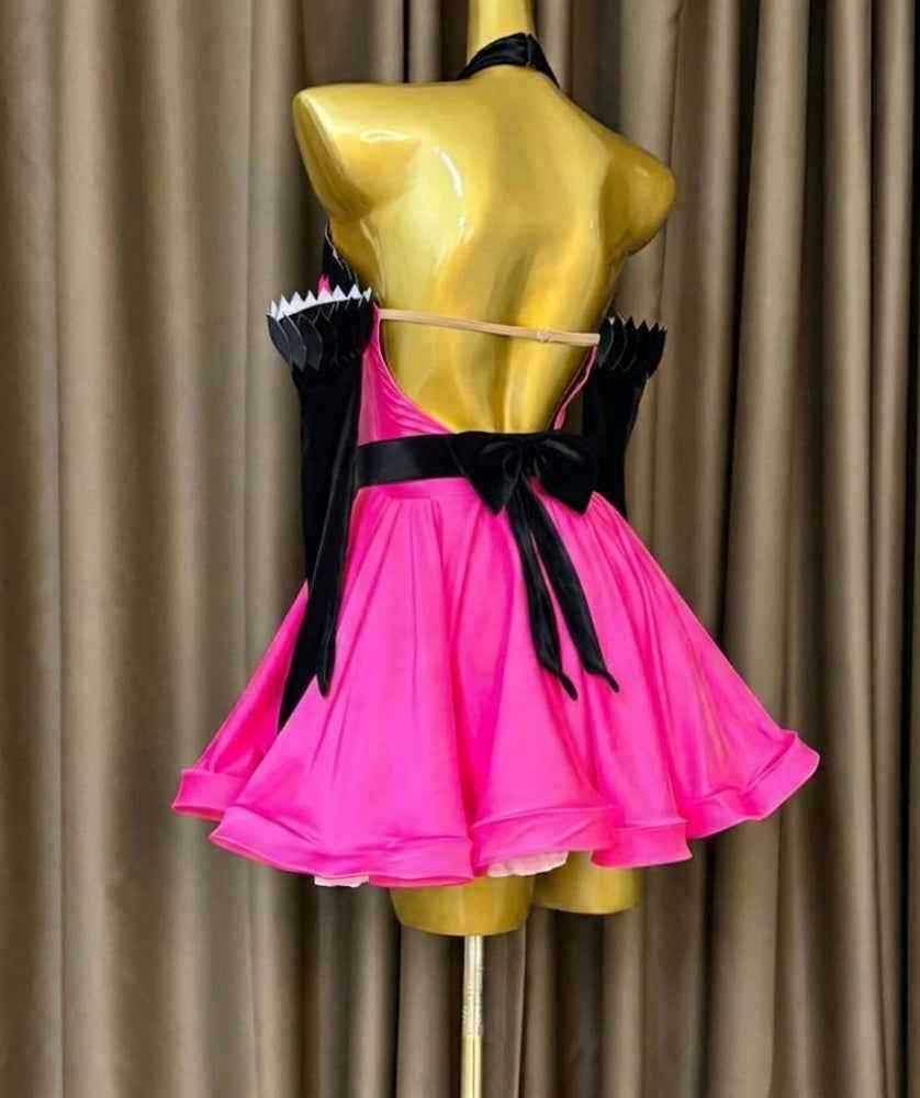 Custom Size Turquoise & Black Latin Dance Dress with Sleeves Hot Pink Salsa Dance Costume