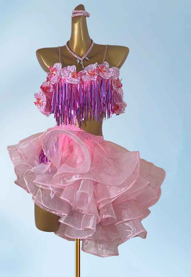 Custom Size Pink Ruffles Latin Dance Dresses for Women Girls Salsa Chacha Rumba Latin Professional Art Test Dance Outfits