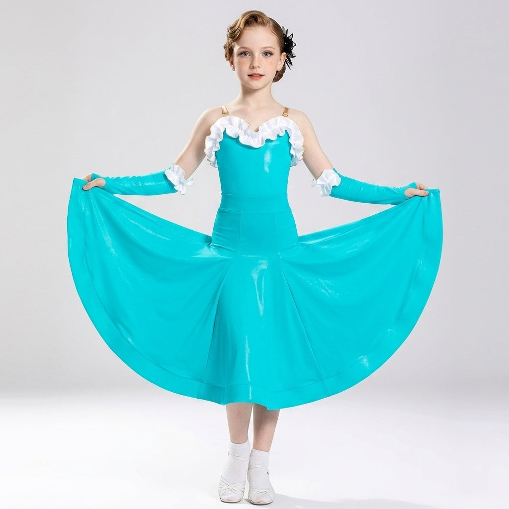 Girls Turquoise Blue Ballroom Dance Dress - Kids Shiny Metallic Latin & Waltz Competition Gown with Sleeves