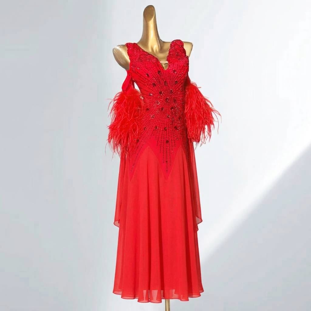 Custom Blue Red American Smooth Dress Ballroom Competition Dance Gown with Feathers & Crystals