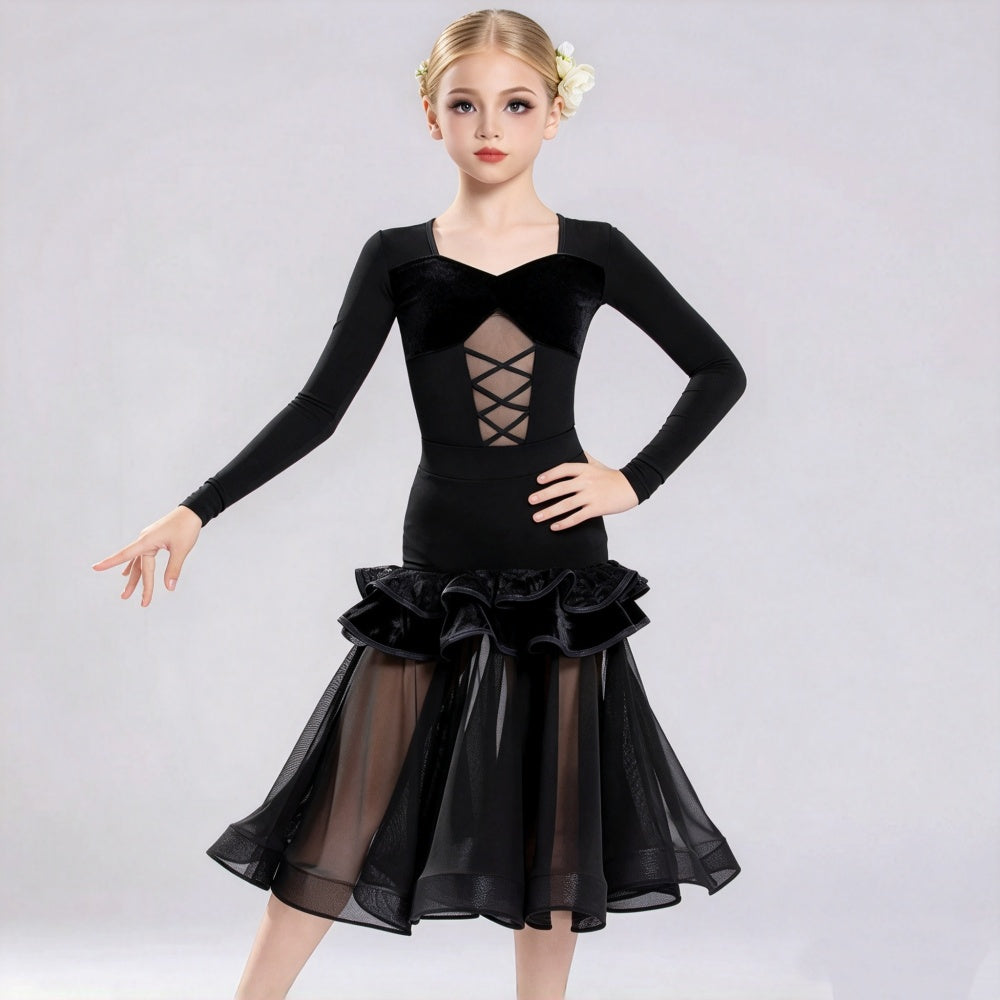 Girls Black Latin Ballroom Dance Dress Long Sleeve - Kids Ballroom & Salsa Competition Costume
