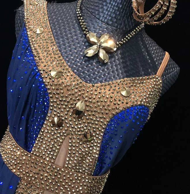 Custom Size Olive Navy Gold Crystal Competition Latin Dance Dress Ballroom Performance Costume