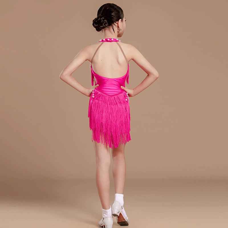 Girls Latin Dance Dresses Pink Black Fashion Pearl Fringed Latin Salsa Rumba Chacha Performance Costumes