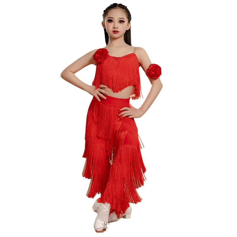 Yellow Red Fringe Latin Dance Dresses for Girls Kids Salsa Chacha Rumba Ballroom Dance Professional Costumes Tops and Pants - Moderndancedress.com