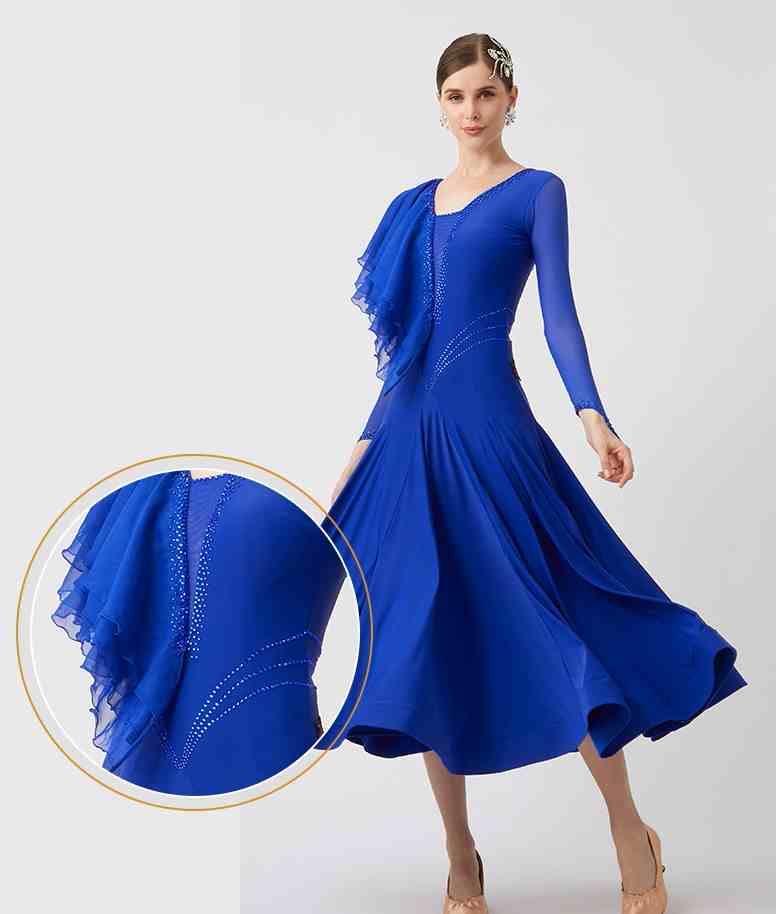 Custom Size Royal Blue Ballroom Dance Dresses Ruffles Neck Smoth Waltz Tango Dance Long Gown