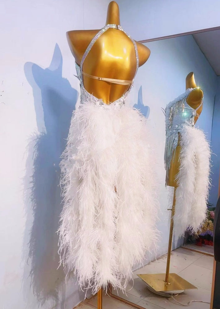 Custom Size White Feather Competition Latin Dance Dresses Salsa Chacha Blackpool Dance Wear Tuxedo Skirt