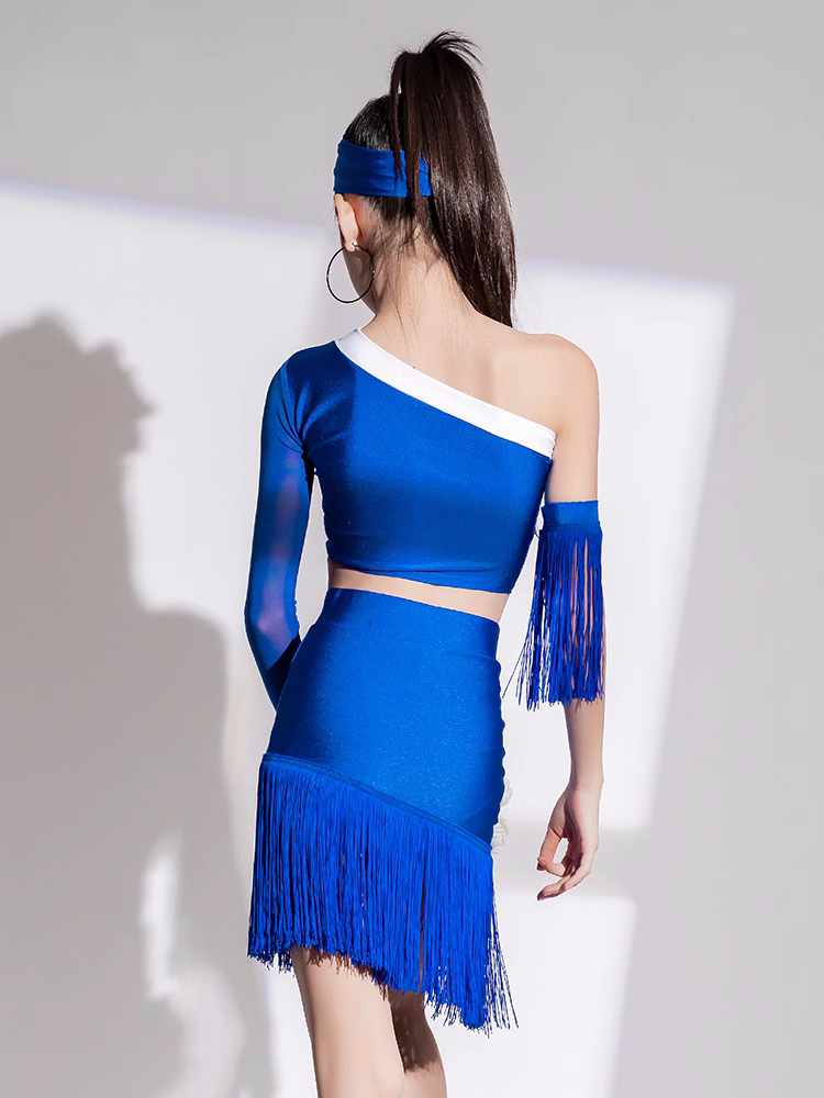 One Shoulder Slant Neck Latin Dance Dresses for Kids Girls Dark Green Blue Flowers Long Sleeves Salsa Rumba Chacha Tassels Performance Clothes - Moderndancedress.com