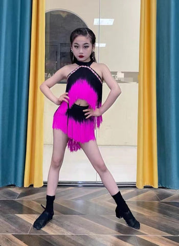 Girls Latin dance competition clothes gradual change Purple fringe latin ballroom dance dresses professional practice clothes for kids - Moderndancedress.com