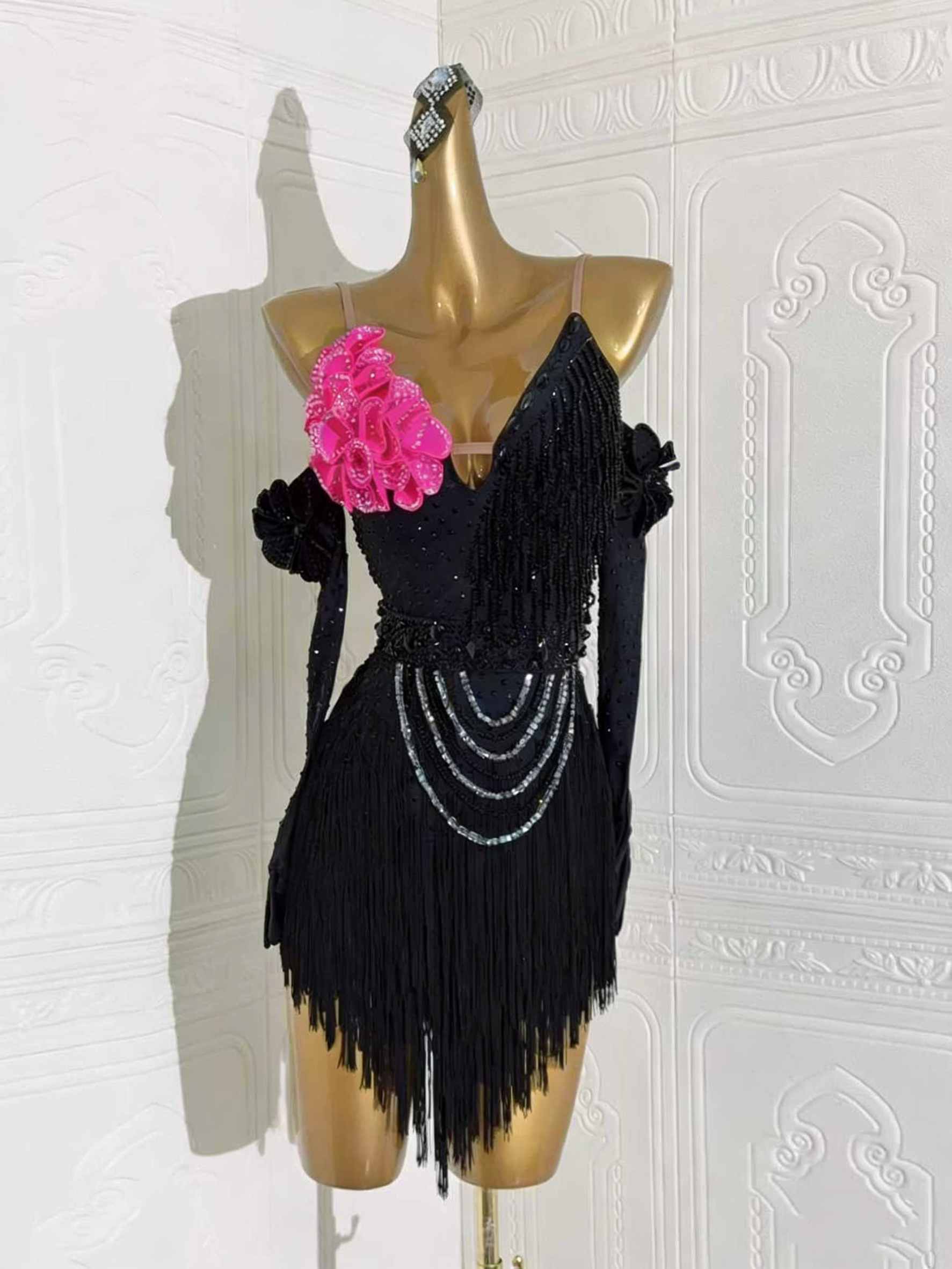 Custom Size Black Fringe Latin Dance Dress Hot Pink Flowers Solo Ballroom Dance Costumes