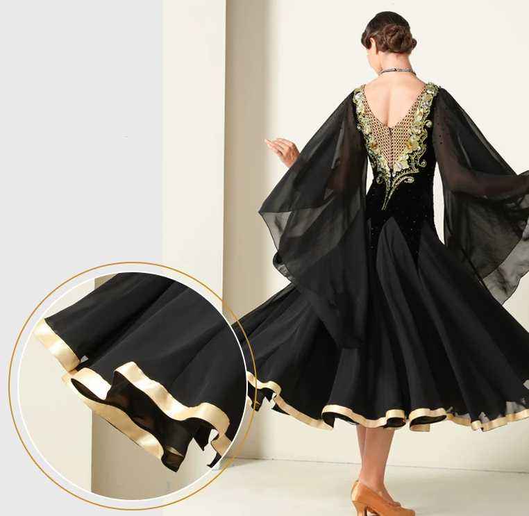 Custom Size Black with Gold Crystal Competition Ballroom Dance Dress Waltz Tango Rhythm Foxtrot Dance Gown