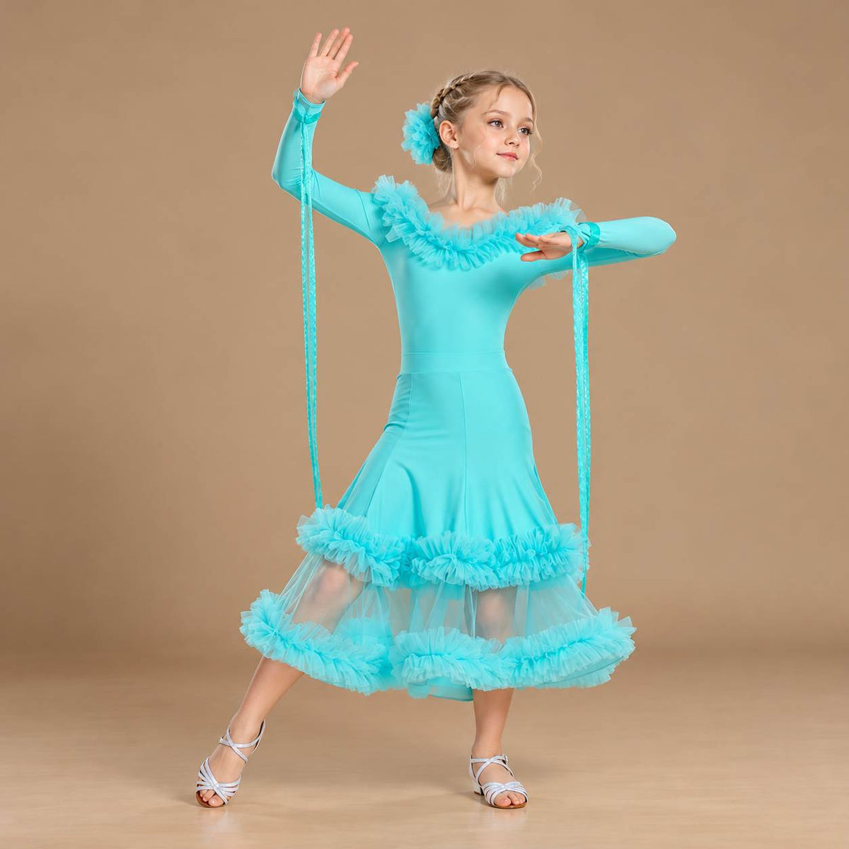 Girls Turquoise Ballroom Dance Dress - Ruffled Waltz Tango Costume