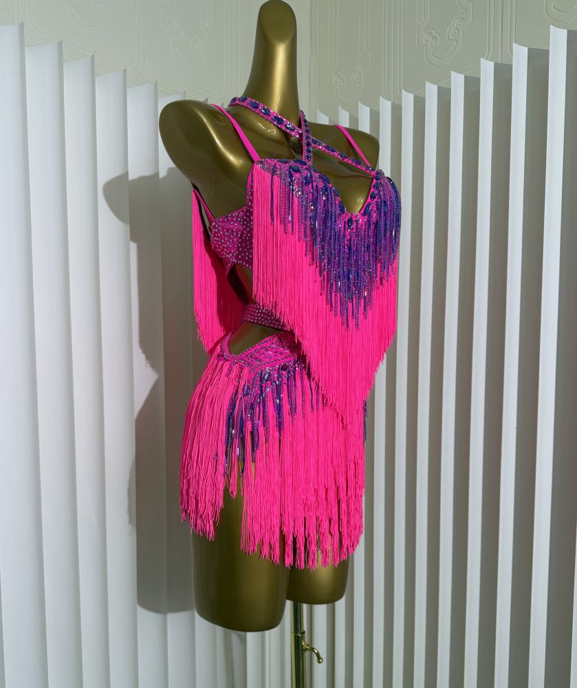 Custom Size Fuchsia Competition Latin Dance Dress Salsa Chacha Blue Bling Fringe