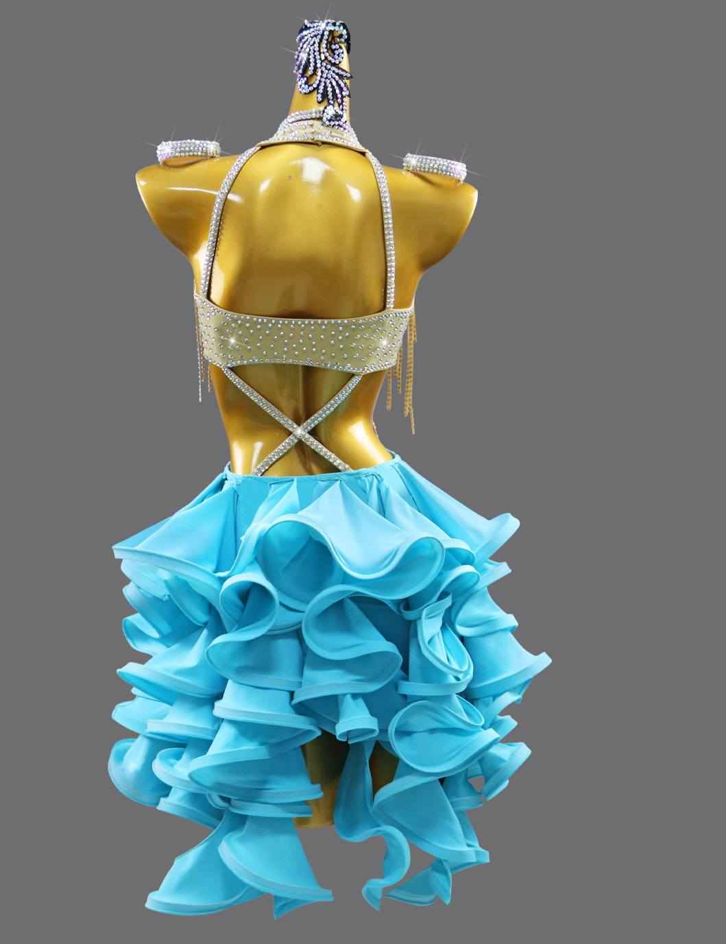Custom Size Women's Turquoise Latin Dance Dress Competition Tuxedo Ruffles Skirts