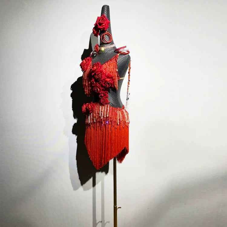 Custom Size Red Rose Flower Bling Fringe Latin Dance Dress Blackpool Competition Dance Gown for Women
