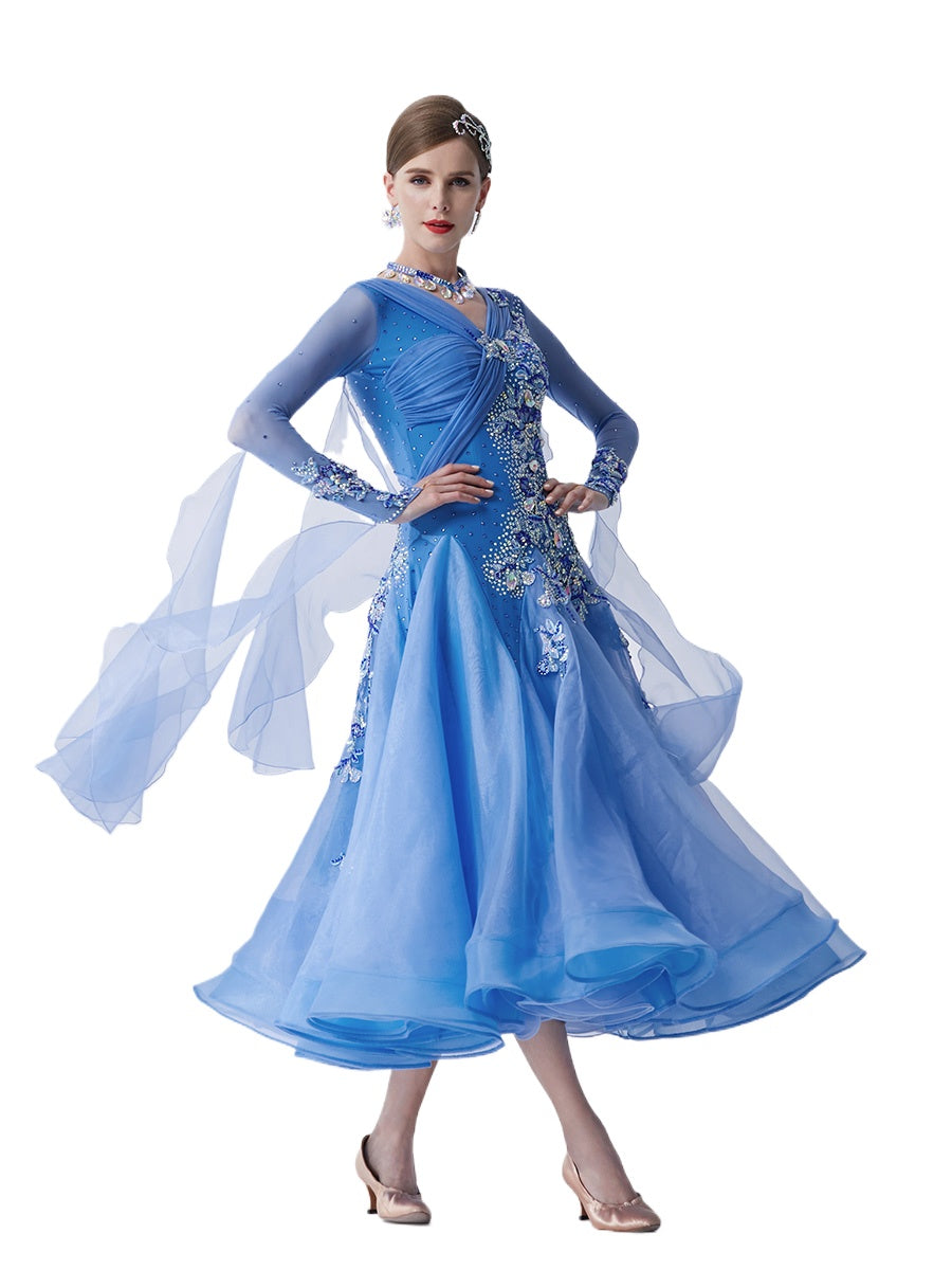 Custom Size Blue Competition Ballroom Dance Dresses for Women Rhythm Smooth Foxtrot Dance Long Swing Skirts - Moderndancedress.com