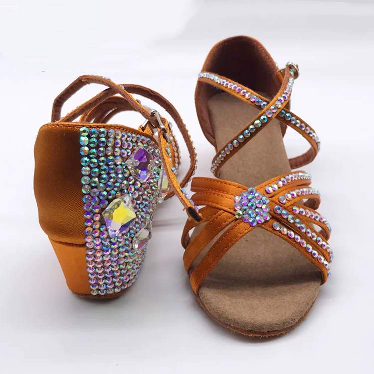 Girls Rhinestone Latin Dance Shoes - Bronze Satin Low Heel