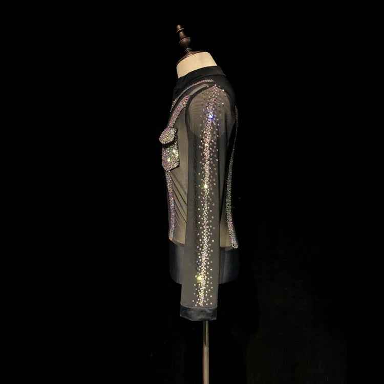 Custom Size Black Mesh Crystal Competition Latin Ballroom Dance Shirts Waltz Tango Performance Body Top