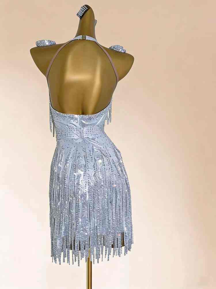 Custom Size Silver Latin Dress Competition Solo Ballroom Salsa Costume