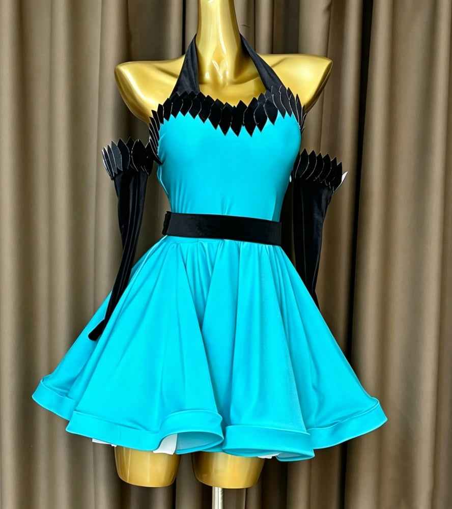 Custom Size Turquoise & Black Latin Dance Dress with Sleeves Hot Pink Salsa Dance Costume