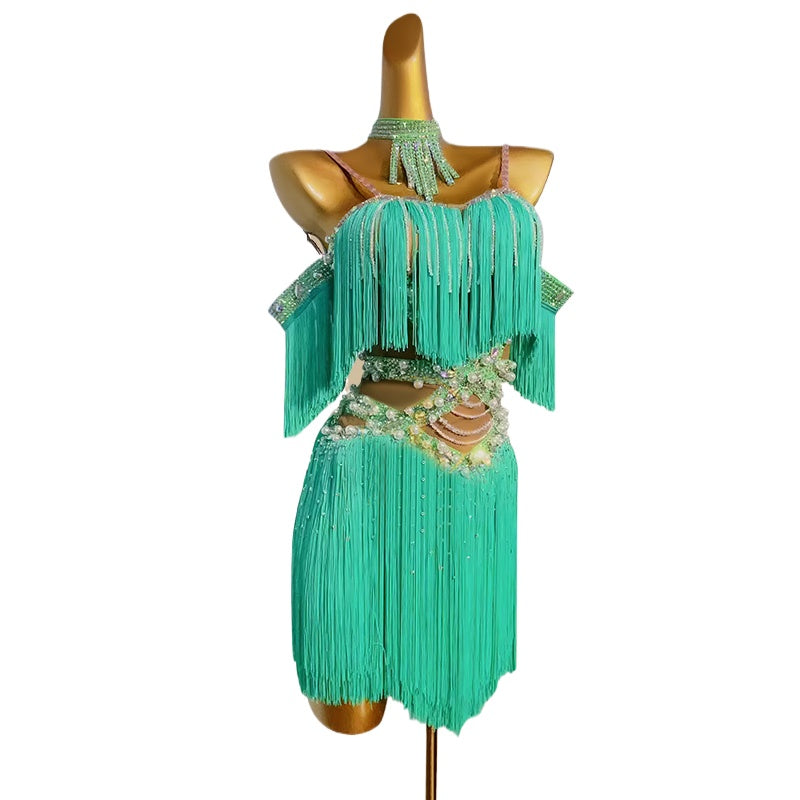 Custom Size Competition Latin Dance Dresses for Women Girls Green Black Wine Blue Salsa Rumba Chacha Blackpool Dance Clothes