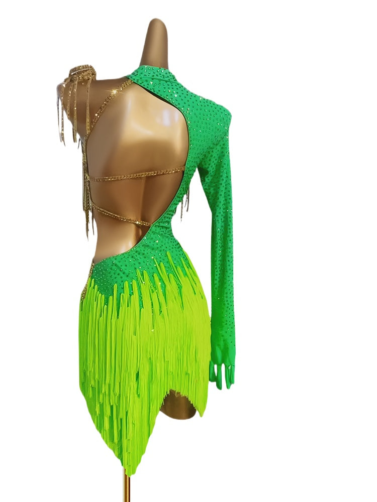 Custom Size Green Fringe Competition Latin Dance Dresses for Women Girls Salsa Rumba Chacha Performance Costumes - Moderndancedress.com