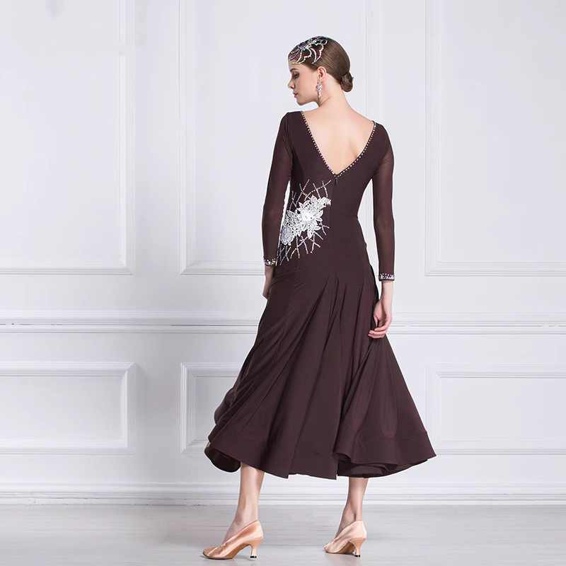 Custom Size Coffee Ballroom Dance Dresses for Women Coffee Color Competition Waltz Tango Rhythm Foxtrot Smooth Dance Long Gown - Moderndancedress.com