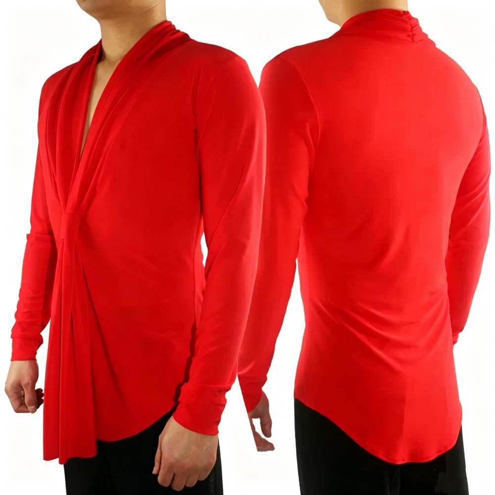Men's Red Latin Dance Shirt - Deep V-Neck Long Sleeve Ballroom Top