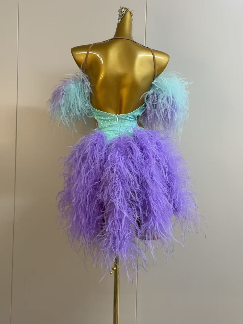 Custom Mint & Purple Latin Samba Dance Dress with Feathers