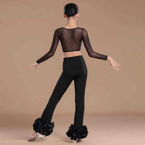 Girls Latin Ballroom Dance Costume Kids Jazz Dance Black Flared Pants Practice Sets Juvenile Salsa Chacha Latin Performance Outfits - Moderndancedress.com